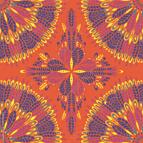 Seamless oriental boho pattern with stylized feathers. Ethnic style with hand drown mandalas. Repeating background texture. Clothes design, wallpaper, wrapping. Changeable colors.