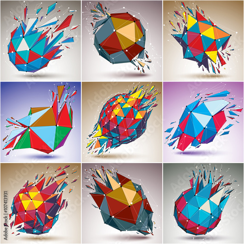 Set of abstract colorful vector low poly wrecked objects, 