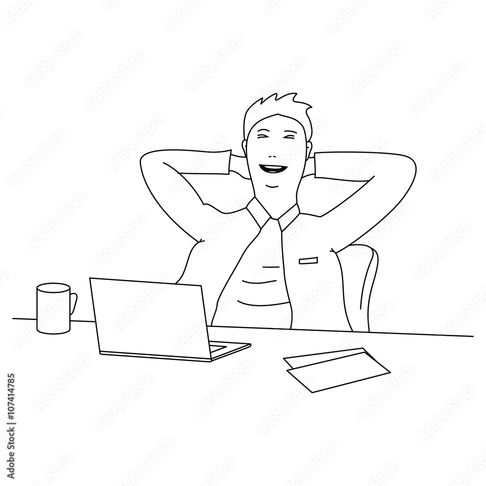 Cartoon businessman relaxing on the desk after finishing work