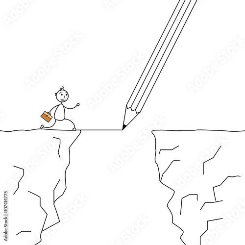 Stick man crossing the cliffs with a pencil drawing the bridge