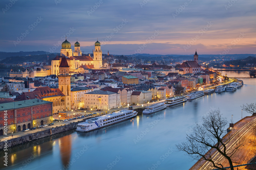 Passau. Passau skyline during twilight blue hour, Bavaria, Germany.