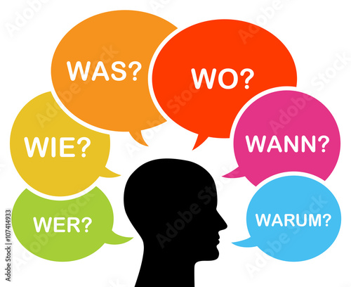 Menschliches Gesicht von der Seite mit bunten Sprechblasen: Wer? Wie? Was? Wo? Wann? Warum? – Vektor, freigestellt