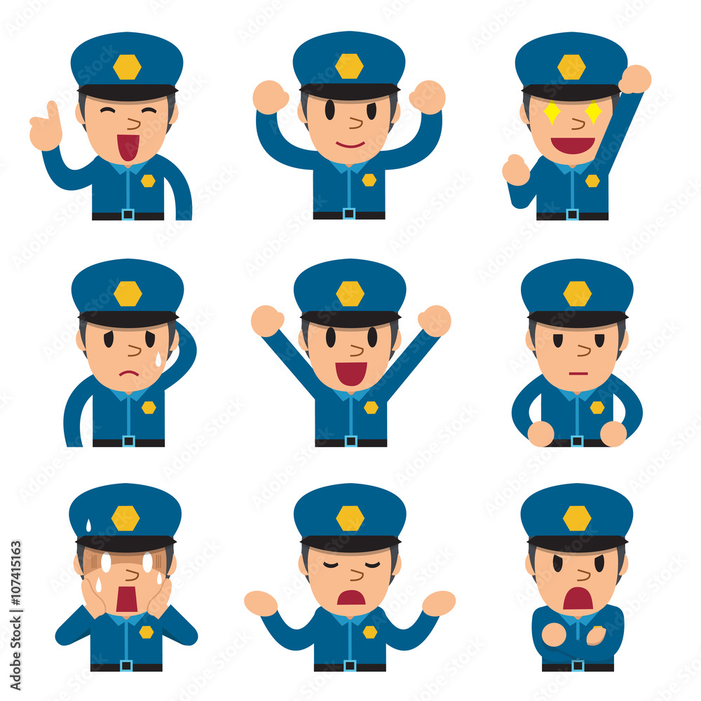 Cartoon policeman faces showing different emotions Cartoon policeman faces showing different emotions