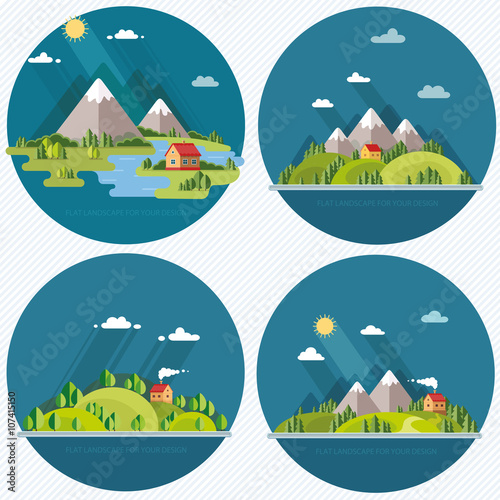 summer landscape set. Houses in the mountains among the trees,