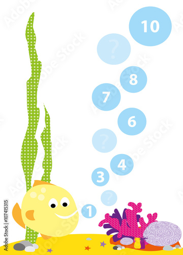 mathematical game for children with fish, bubbles and numbers 
