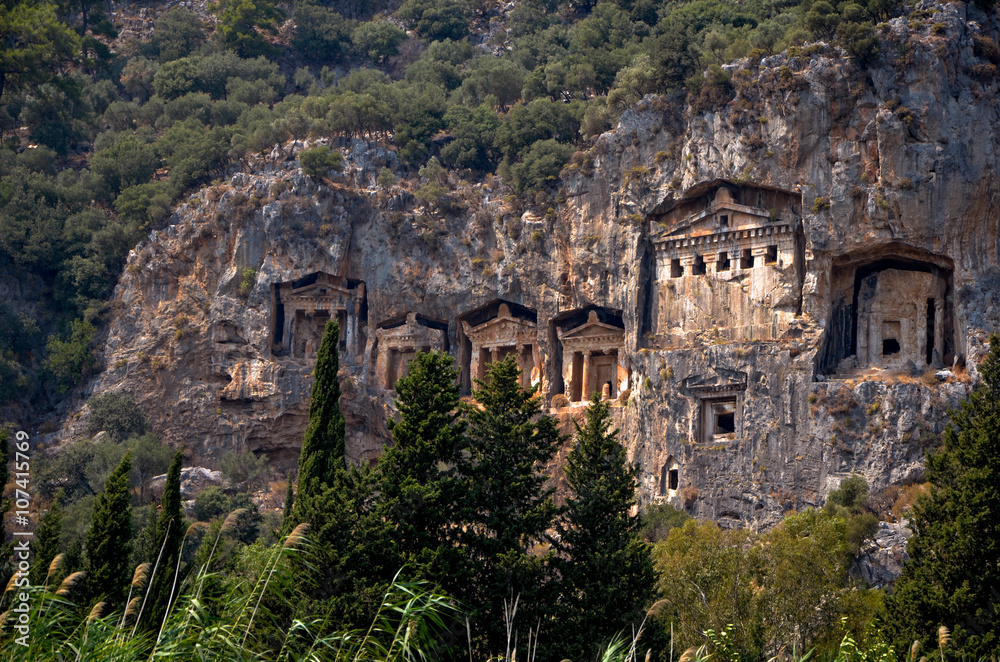 Ancient Lycian rock tombs cut in cliffs 
Dalyan, Turkey