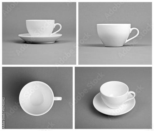 Collection of empty white cups on gray background