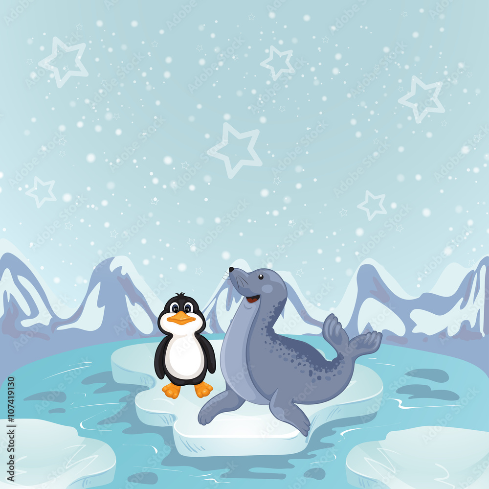 Obraz premium Polar animals on ice ocean .Seal and penguin 