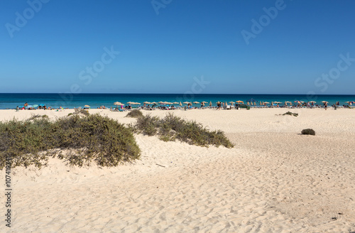 Fototapeta Naklejka Na Ścianę i Meble -  Tourists rest on Corralejo Beach on Fuerteventura, Canary Islands