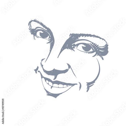 Hand-drawn illustration of woman face, black and white portrait