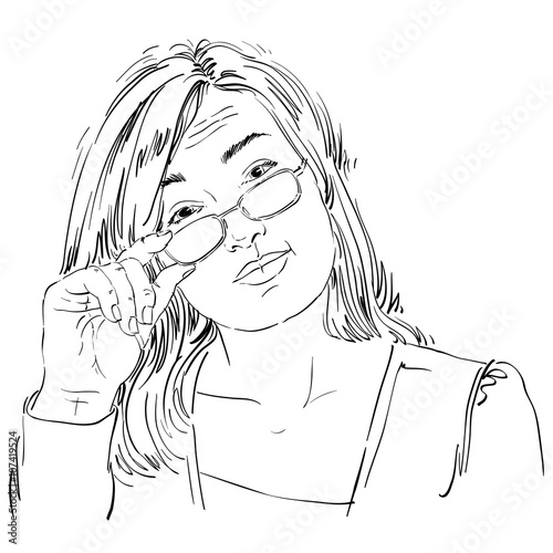 Artistic hand-drawn vector image, black and white portrait of woman
