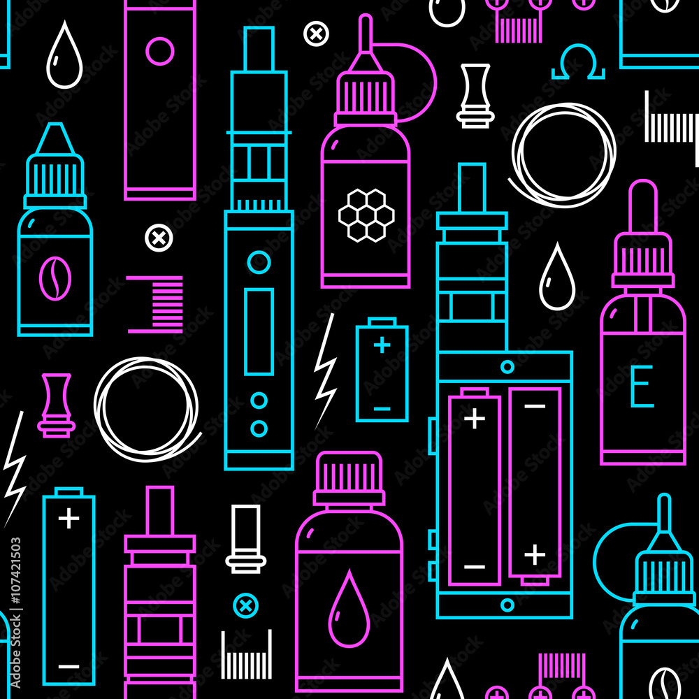 Vector seamless pattern for vape shop and vape service, e-cigarette store, isolated on black background Vector seamless pattern for vape shop and vape service, e-cigarette store, isolated on black background