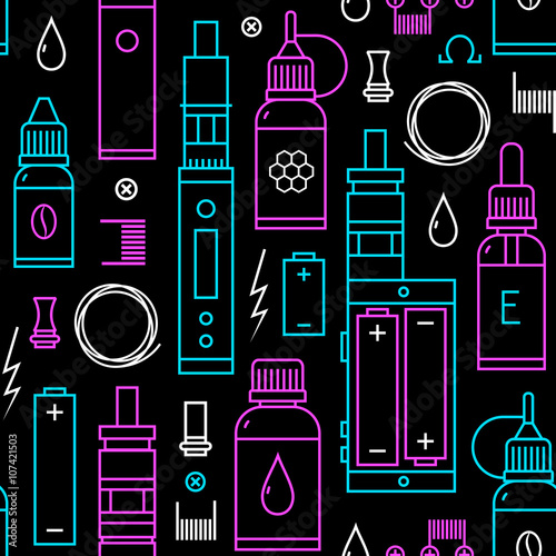 Vector seamless pattern for vape shop and vape service, e-cigarette store, isolated on black background