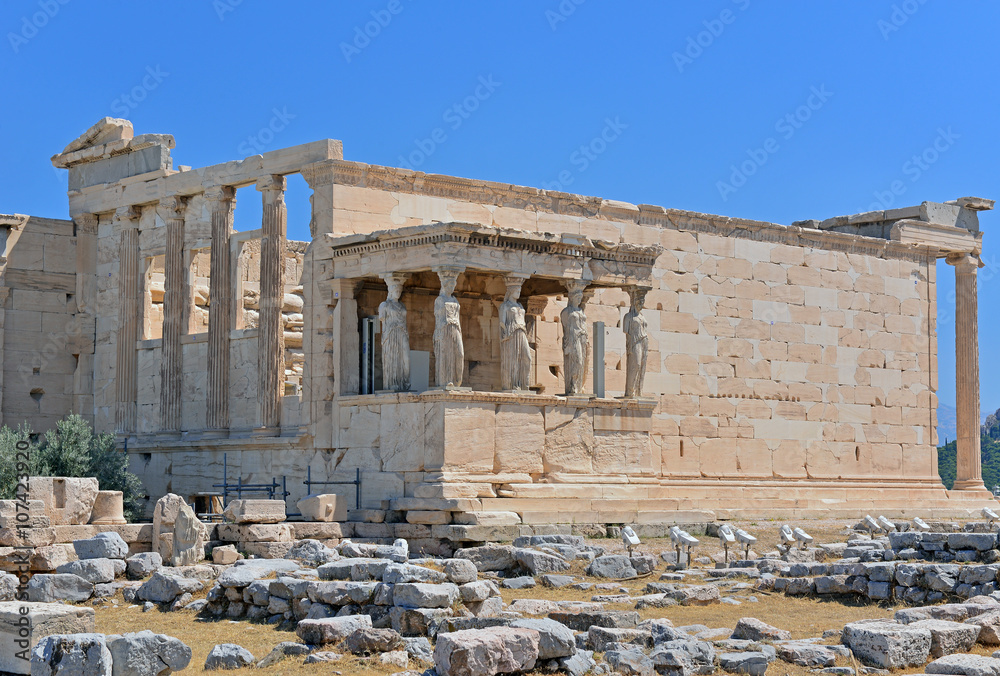 The six Caryatids Porch of the Erechtheion at the Acropolis of Athens, Greece.