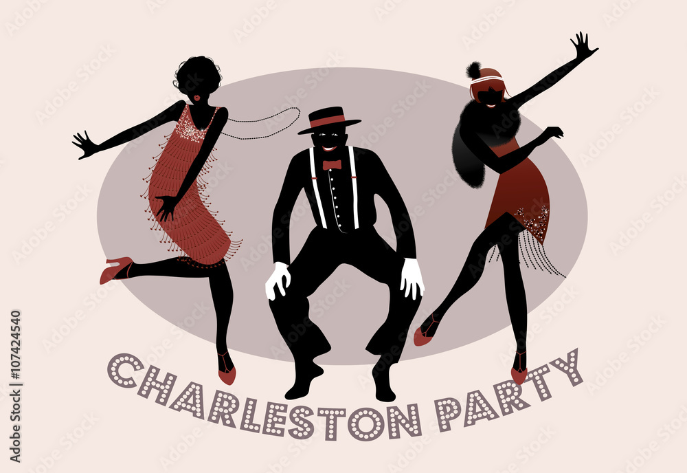 Fototapeta premium Charleston Party silhouettes. Man and funny girls dancing charleston