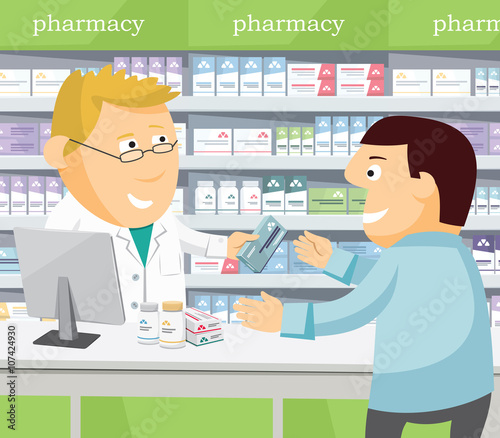 Pharmacist chemist man in pharmacy. Man buys drugs at the pharmacy. Sale of vitamins and medications. Cartoon funny vector simple illustration.
