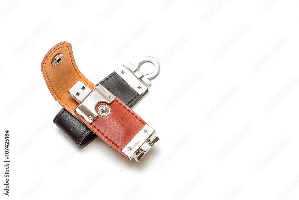 black leather USB stick isolated on white background black leather USB stick isolated on white background
