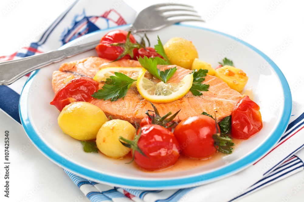 Fried salmon with vegetables. Fried salmon with vegetables.