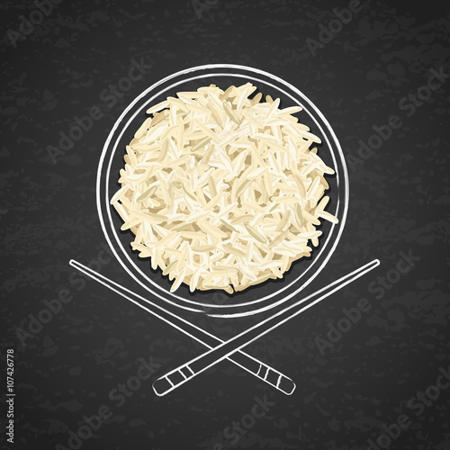 Dish of boiled white rice and chopsticks on grunge black chalkboard background. Top view.  Vector design for asian restaurant menu, cafe, thai, japanese cuisine. 