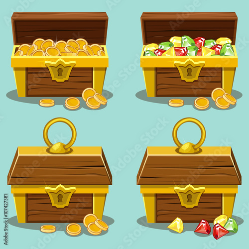 Opened and closed antique treasure chest