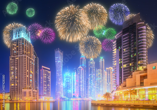 Photography Beautiful fireworks in Dubai marina. UAE