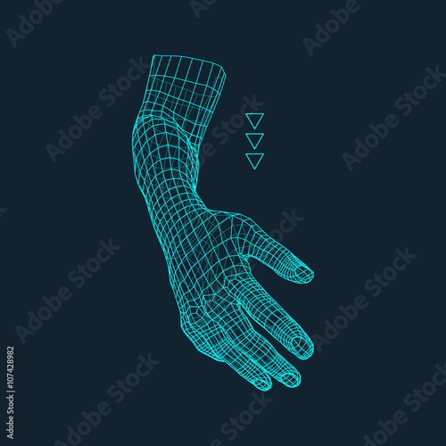 Human Arm. Human Hand Model. Hand Scanning. View of Human Hand. 3D Geometric Design. 3d Covering Skin. Polygonal Design. Can be used for science, technology, medicine, hi-tech, sci-fi.