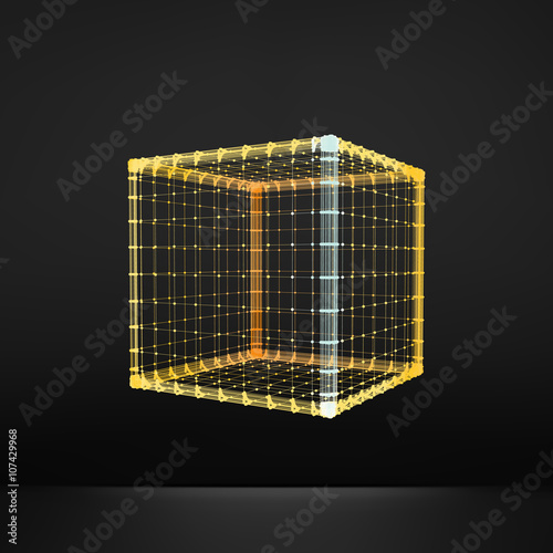 Cube. Regular Hexahedron. Platonic Solid. Regular, Convex Polyhedron. 3D Connection Structure. Lattice Geometric Element for Design. Molecular Grid. Wireframe Mesh Polygonal Element. 