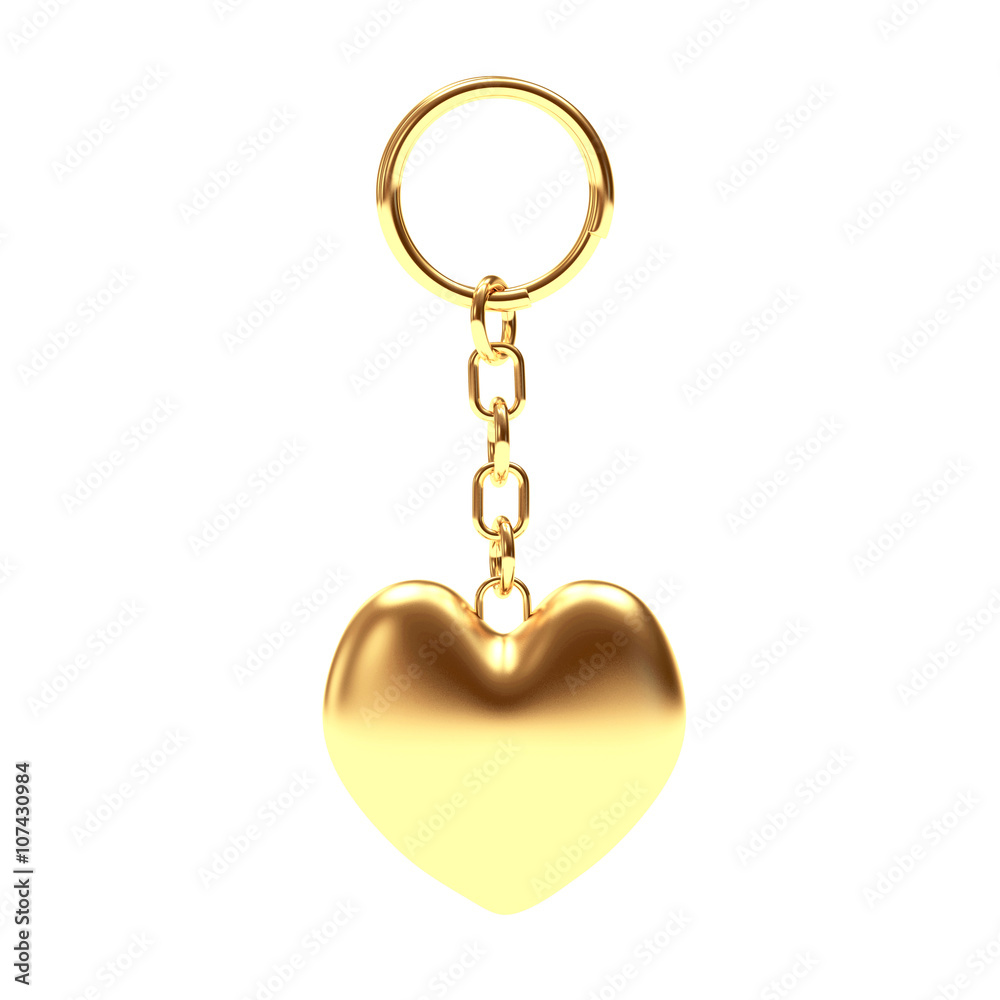 Key chain in the form of a golden heart isolated on white background. 3d Rendering. Key chain in the form of a golden heart isolated on white background. 3d Rendering.