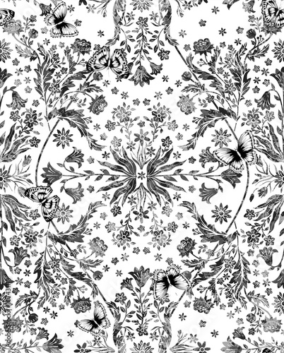 Wallpaper Mural vector seamless beautiful gentle symmetrical grunge floral fractal foliage pattern with little flowers, cornflower, lily, daisy, leaves. exquisite background allover print in Art Nouveau style Torontodigital.ca