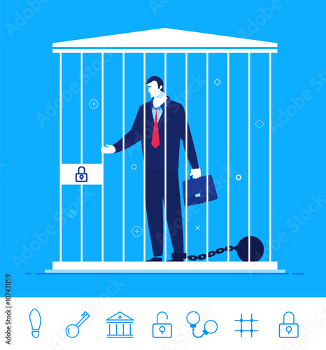 Vector business concept  illustration.  Businessman in jail