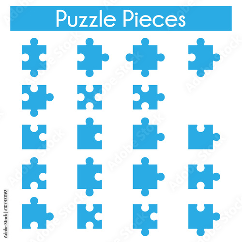 Puzzle piece set with all the possible piece form. Collection of jigsaw puzzle game pieces in blue color isolated on white background.
