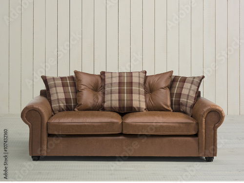 Tweed  Harris & Leather Sofa in Rustic painted white wood room set