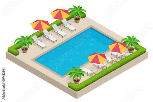 Summer travel concept.  Swimming pool, parasol umbrella, beach chairs. Swimming pool Flat 3d isometric vector illustration.