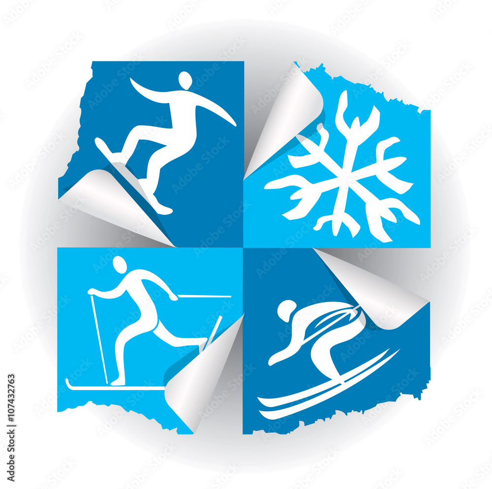 Winter sport icons stickers.
Icons of winter sport activities on the stickers. Vector available.

