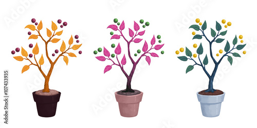 Decorative purple tree with green fruits, green tree with yellow fruits, yellow tree with purple fruits in pots on white isolated background