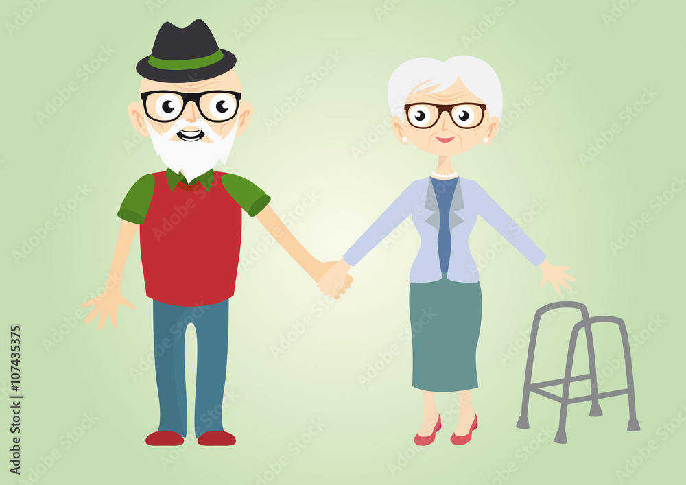 Grandfather and grandmother vector. Cute illustration of elderly people. Seniors in love holding hands. Laughing of seniors couple