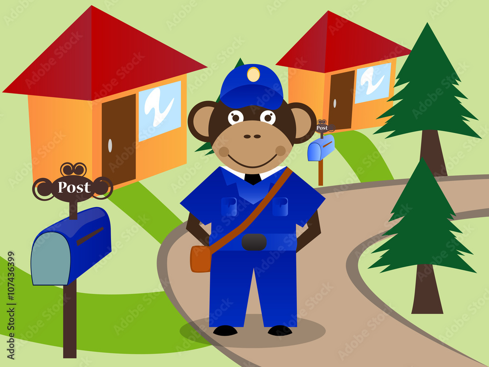 Monkey as post office worker delivering the letters. Monkey as post office worker delivering the letters.