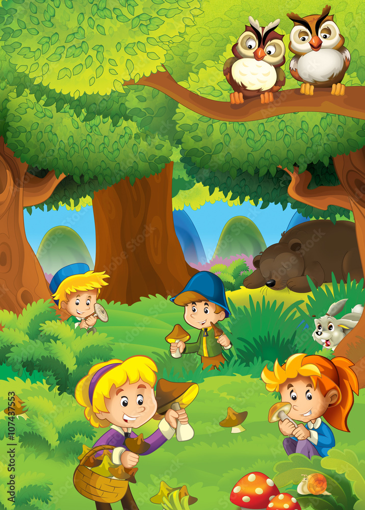 Cartoon scene of a bear sleeping in the forest and a children gathering mushrooms -illustration for the children Cartoon scene of a bear sleeping in the forest and a children gathering mushrooms -illustration for the children