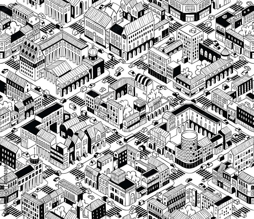 City Urban Blocks Isometric Seamless Pattern - Medium
