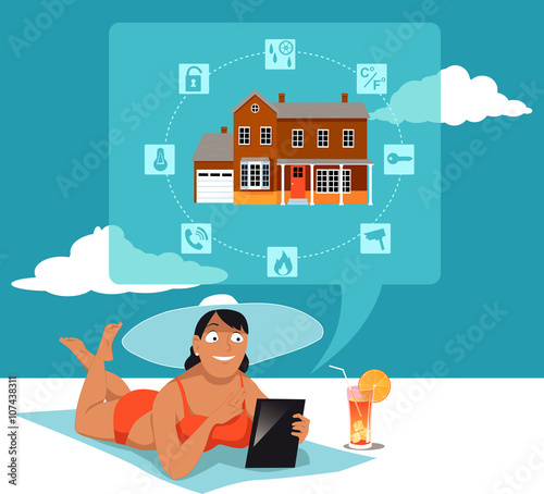 Woman in a swimsuit and a hat relaxing on a beach and monitoring her home security system on a tablet computer, EPS 8 vector illustration, no transparencies