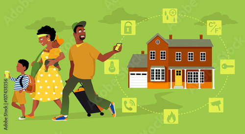 Family going on vacation, a man arming a home security system on his way out, EPS 8 vector illustration, no transparencies