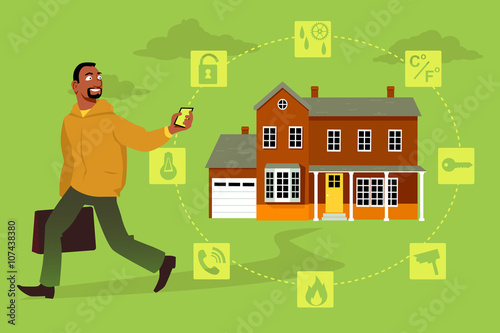 Black man arming a home security system using his smart-phone on his way out, EPS 8 vector illustration, no transparencies