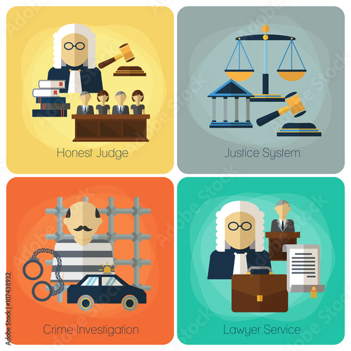 Legal services, law and order, justice vector flat concept set