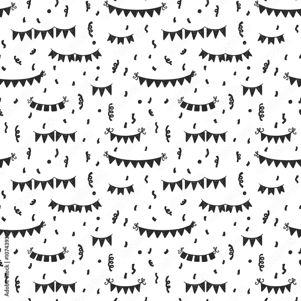 Obraz premium Seamless party doodle bunting flags and confetti background