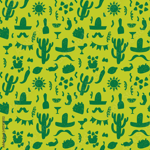 Seamless doodle vector pattern with mexican festive symbols silhouettes: foods, cactuses, sombrero, pepper.