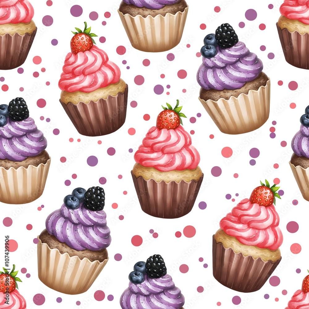 Seamless pattern with blackberry and strawberry cupcake with purple and pink polka dots on white isolated background Seamless pattern with blackberry and strawberry cupcake with purple and pink polka dots on white isolated background