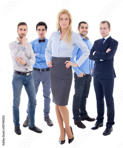 leadership concept - young beautiful business woman and her male