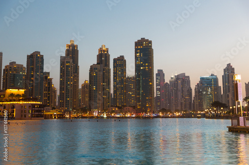 Dubai city business district and seafront at night