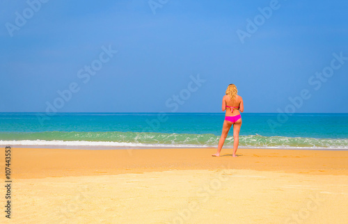 Rear view of beautiful sexy young woman in bikini on a beach