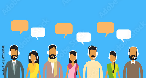 Call Center Operators Team, Indian Man Woman Customer Support People Group Chat Bubble Internet Communication